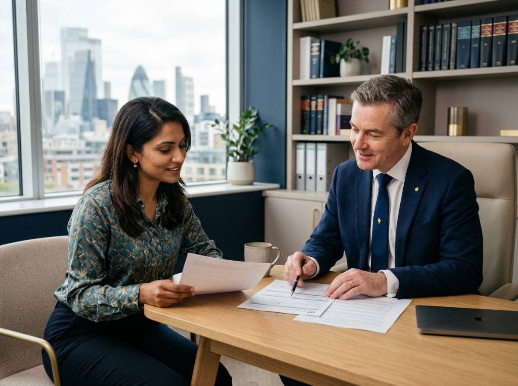B Assured Law immigration consultation — advisors reviewing documents together in a modern office
